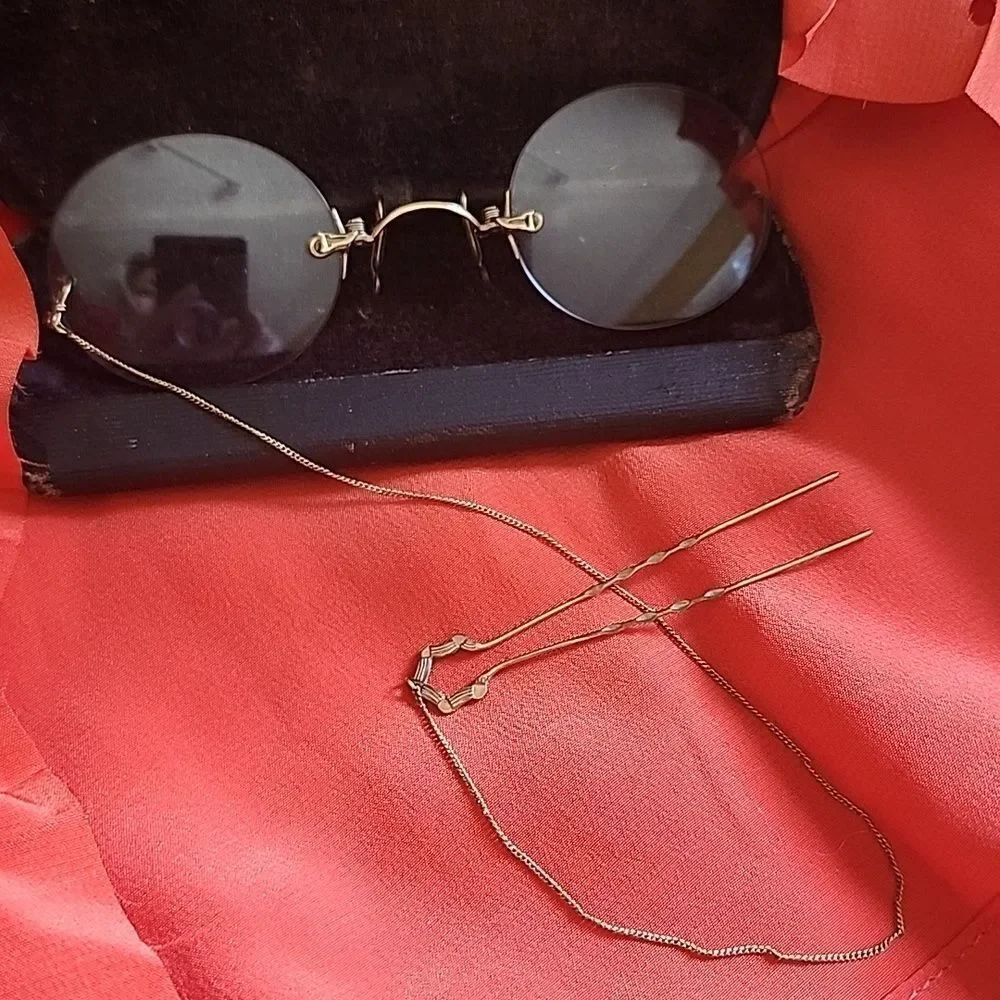Antique Victorian Ladies Pince~nez Spectacles With Gold Tone Hair Pin & Chain